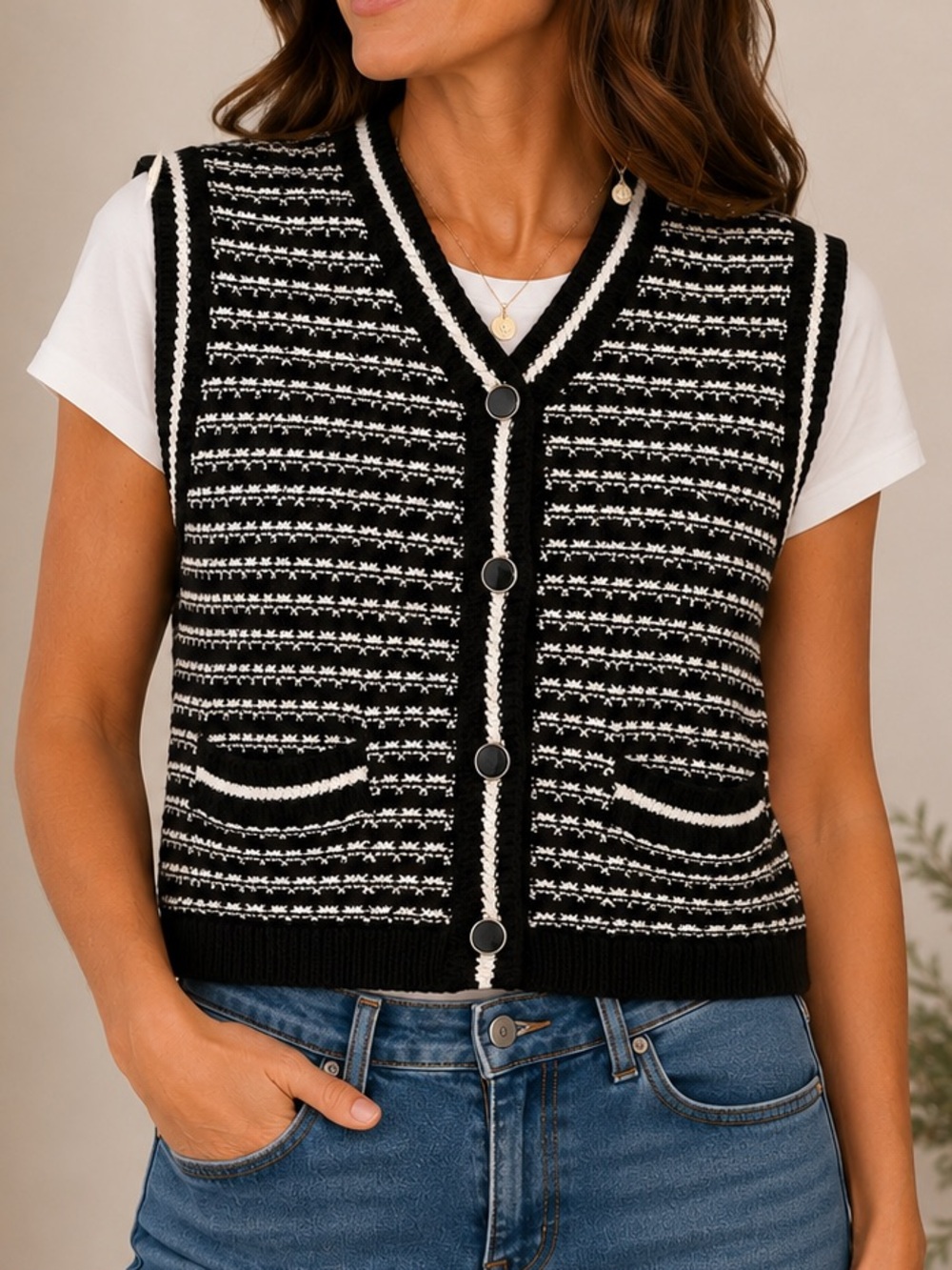 Evereve Cotton & Modal Open Knit Sweater Vest Medium Black & White Button Front